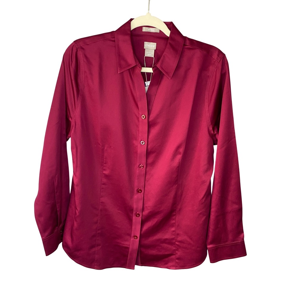 Chicos Caroline No Iron Sateen Blouse Mulberry Pink Red Button Down Shirt 1 M